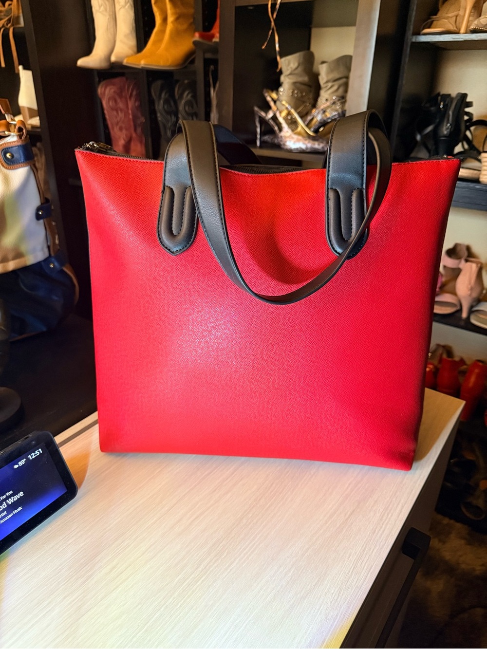 Red Leather Tote Bag with Black Handles - Picture 10 of 13
